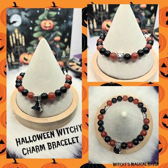 Witch Cat Charm Black Obsidian and Carnelian Beaded Bracelet - Picture 1 of 5